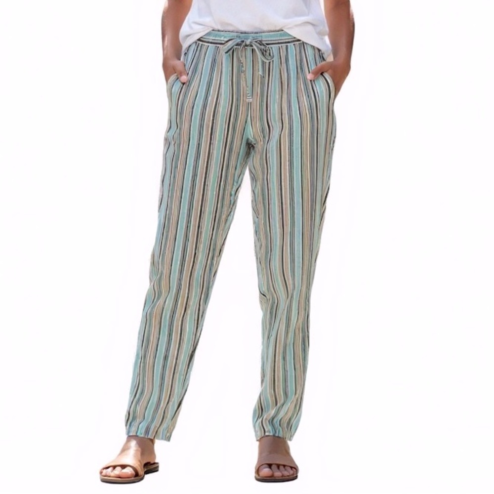 J.Jill 100% Linen Striped Drawstring Pants Lightweight Lounge Aqua Blue Medium